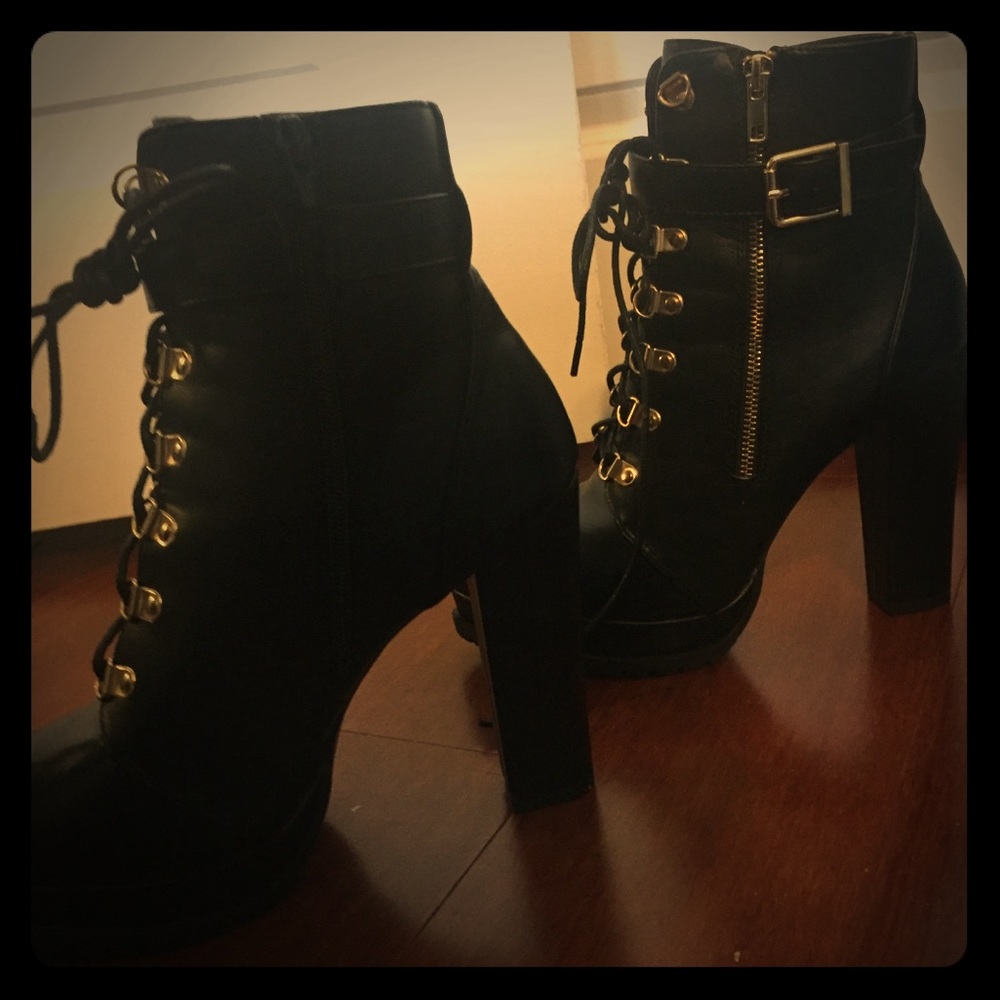 High Heeled Black Lace-up Booties with Gold detail